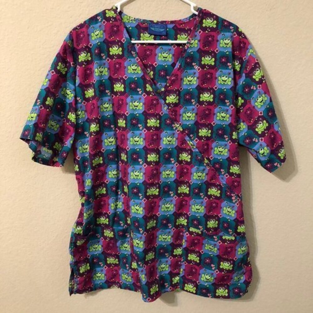 Scrub Top Floral Frogs Patchwork Summer Blue Green